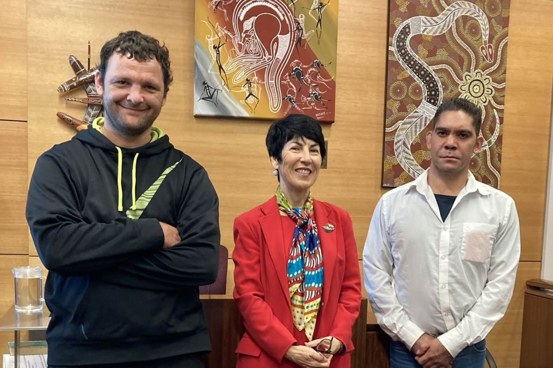 NDIS participants Owen and Marshall with the magistrate in Brisbane Murri Court.