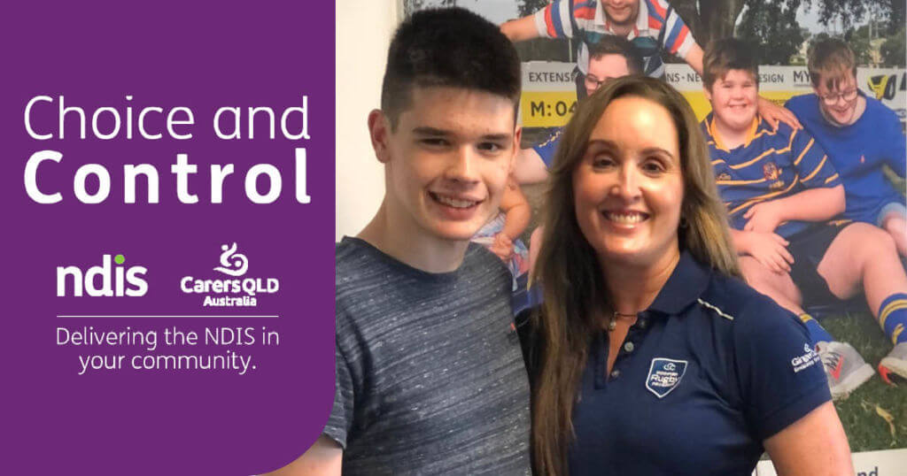 Max Elliot and his mum Megan stand in front of a poster for the Modified Rugby Program. Text at the left says 
