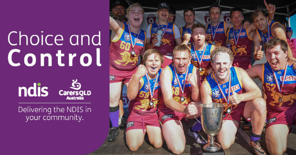 The Brisbane Lions team from the AFL Queensland Inclusion Team exhibition game celebrate with their winners trophy